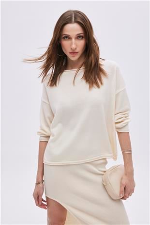 Ecru Boat Neck Basic Knitwear Sweater