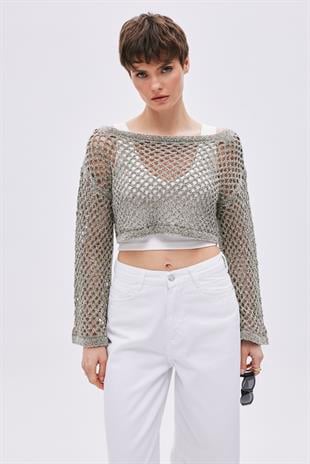 Khaki Boat Neck Pointelle Knitwear Top