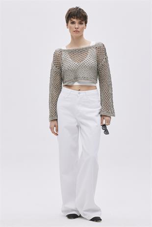 Khaki Boat Neck Pointelle Knitwear Top