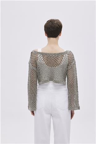 Khaki Boat Neck Pointelle Knitwear Top