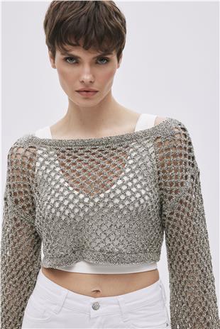 Khaki Boat Neck Pointelle Knitwear Top