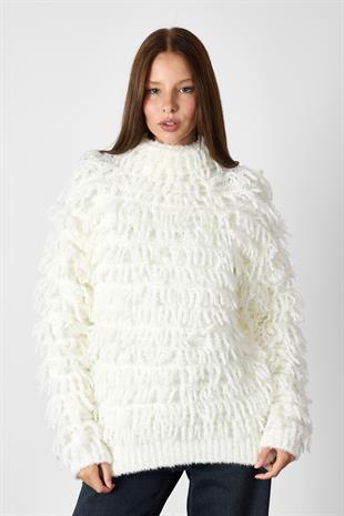 Ekru Püsküllü Triko Kazak