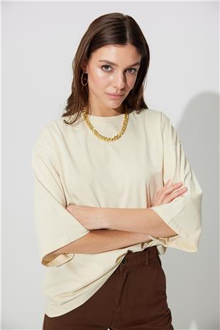 Ecru Short Sleeve Oversize Basic T-shirt SS23TE4720EK