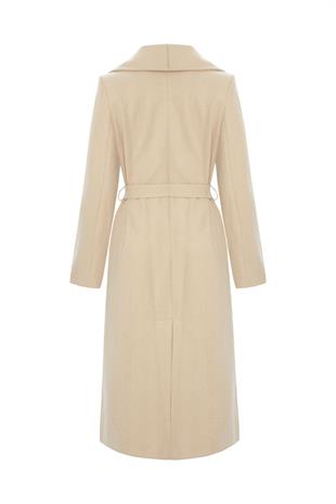 Ecru Herringbone Patterned Belted Coat