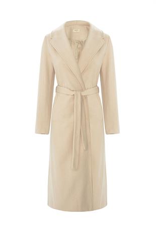 Ecru Herringbone Patterned Belted Coat