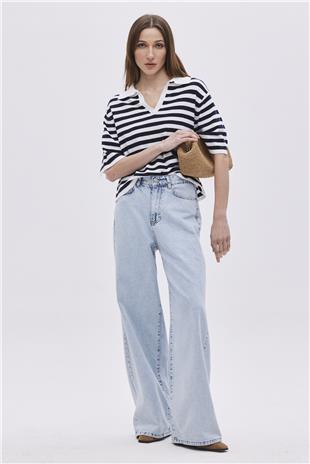 Ecru Navy Polo Neck Striped Sweater