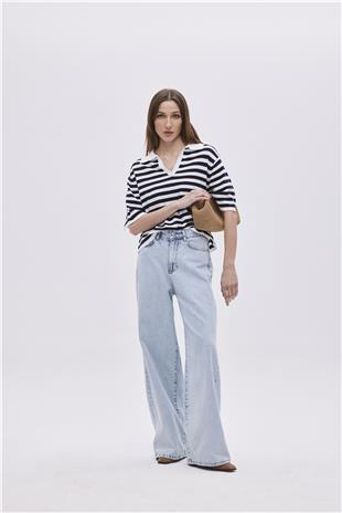 Ecru Navy Polo Neck Striped Sweater