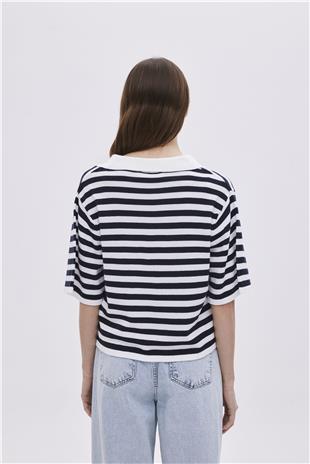 Ecru Navy Polo Neck Striped Sweater