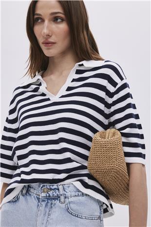 Ecru Navy Polo Neck Striped Sweater
