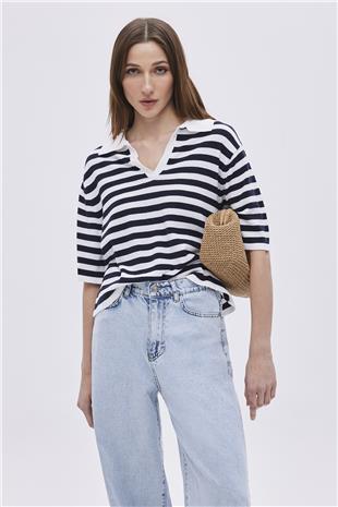 Ecru Navy Polo Neck Striped Sweater