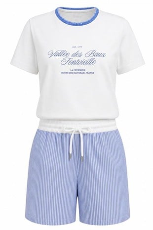 Ekru Mavi yazılı Bisiklet Yaka Tshirt