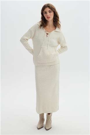 Ekru Midi Triko Etek