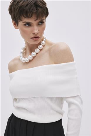Ecru Bardot Neckline Knitwear Top