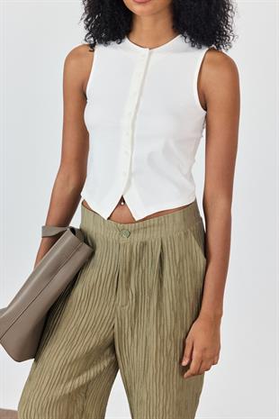 Ekru Önü Düğmeli Bluz