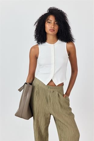 Ekru Önü Düğmeli Bluz