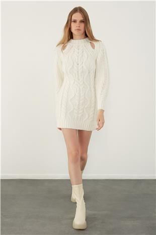 Ecru Knitted Shoulder Detailed Crew Neck Knit Dress SS23D4714EK