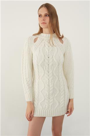 Ecru Knitted Shoulder Detailed Crew Neck Knit Dress SS23D4714EK