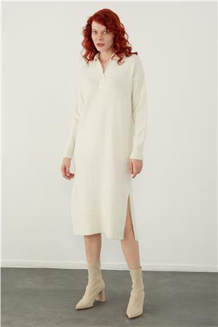 Ecru Polo Neck Basic Midi Knitwear Dress