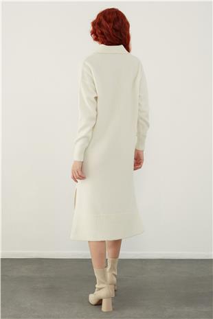 Ecru Polo Neck Basic Midi Knitwear Dress