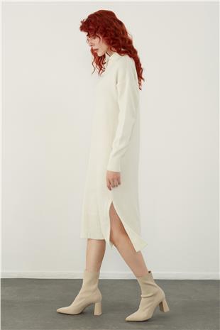 Ecru Polo Neck Basic Midi Knitwear Dress