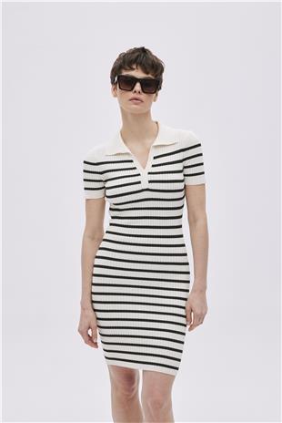 Ecru Polo Neck Striped Knitwear Dress