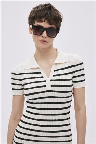 Ecru Polo Neck Striped Knitwear Dress