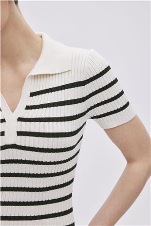 Ecru Polo Neck Striped Knitwear Dress