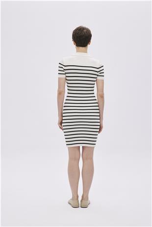 Ecru Polo Neck Striped Knitwear Dress