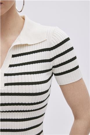 Ecru Polo Neck Striped Knitwear Sweater