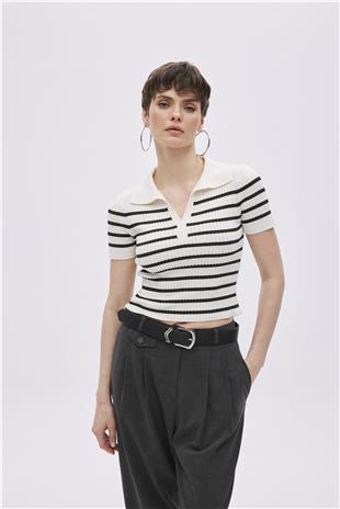 Ecru Polo Neck Striped Knitwear Sweater