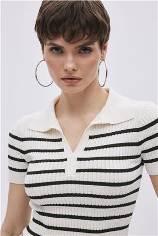 Ecru Polo Neck Striped Knitwear Sweater