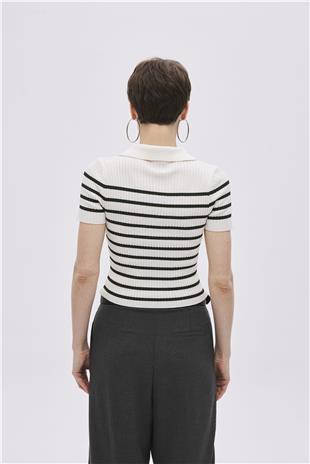 Ecru Polo Neck Striped Knitwear Sweater