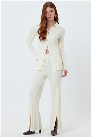 Ecru Polo Neck Ribbed Knit Set SWTK4534-35EK