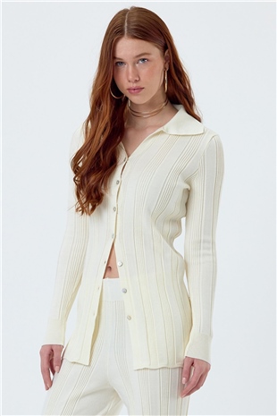 Ecru Polo Neck Ribbed Knit Set SWTK4534-35EK