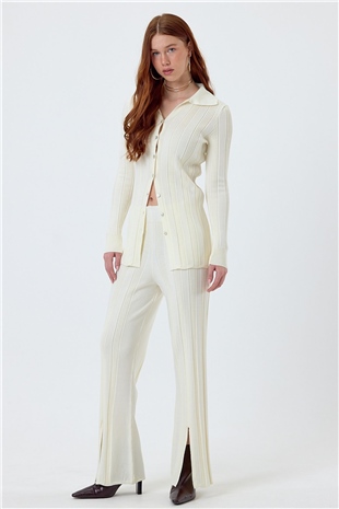 Ecru Polo Neck Ribbed Knit Set SWTK4534-35EK