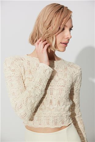 Ecru Back detailed crew neck knit Sweater SS23K4694EK