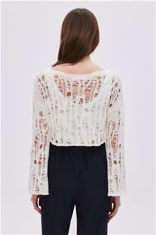 Ecru Ripped Detailed Knitwear Crop