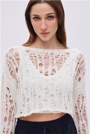 Ecru Ripped Detailed Knitwear Crop