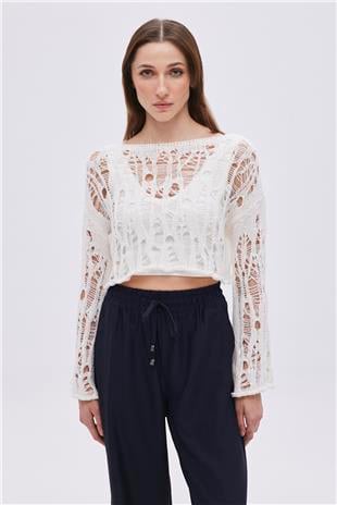 Ecru Ripped Detailed Knitwear Crop
