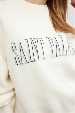 Ekru Triko Sloganlı Sweatshirt