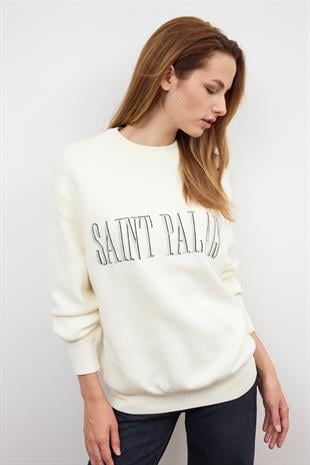 Ekru Triko Sloganlı Sweatshirt