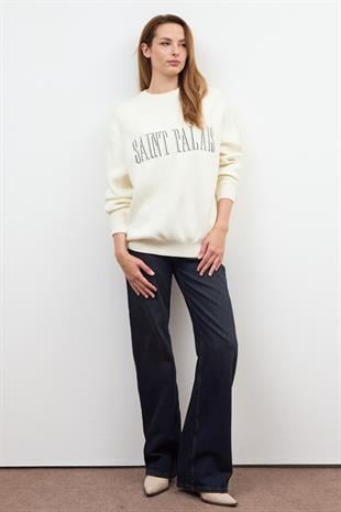 Ekru Triko Sloganlı Sweatshirt