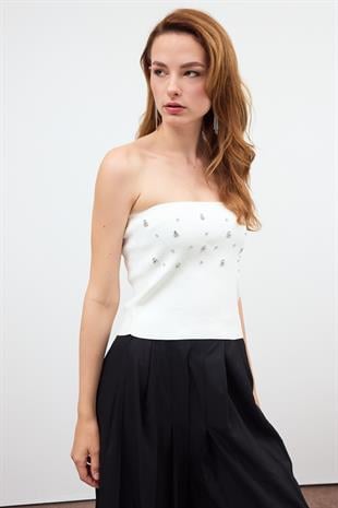 Ekru Triko Taşlı Crop Top