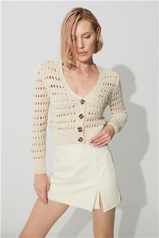 Ecru V neck Ajour Cardigan SWC4675EK