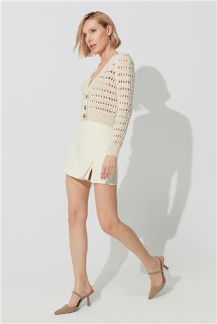 Ecru V neck Ajour Cardigan SWC4675EK