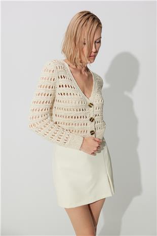 Ecru V neck Ajour Cardigan SWC4675EK