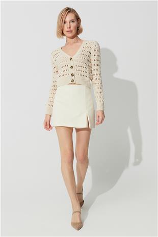 Ecru V neck Ajour Cardigan SWC4675EK