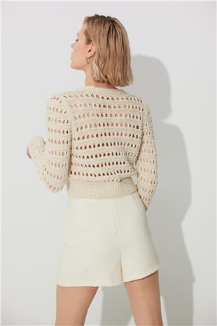 Ecru V neck Ajour Cardigan SWC4675EK