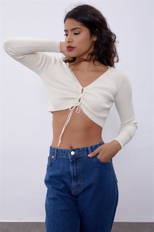 Ecru V-Neck Plunging Gown Knit Sweater SWK4512EK 