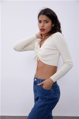 Ecru V-Neck Plunging Gown Knit Sweater SWK4512EK 